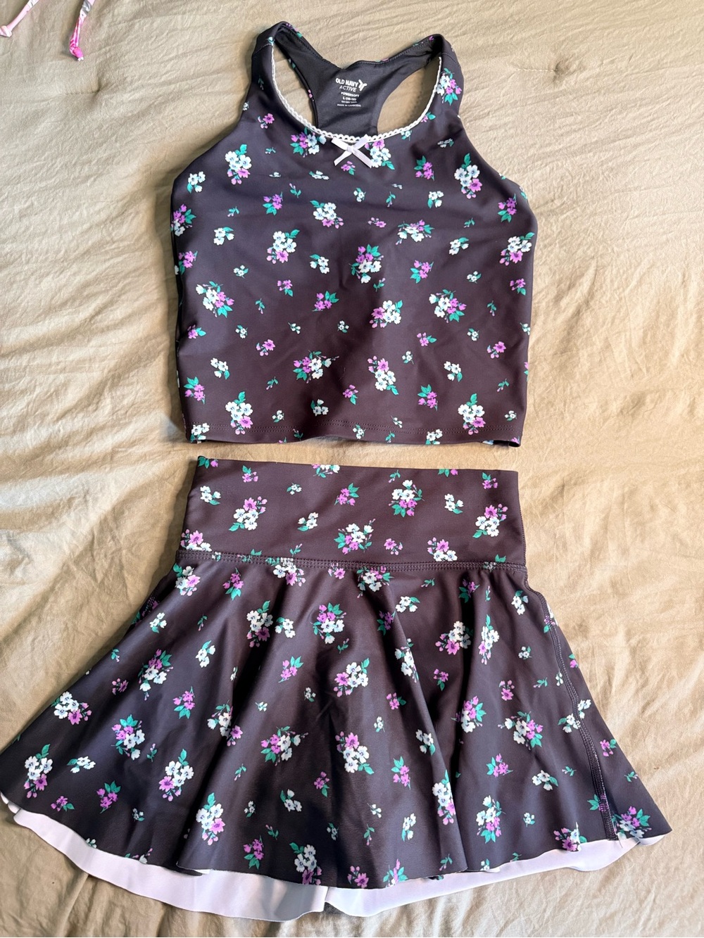 Old Navy Black Floral Two-Piece Skirt Set with Purple and Teal Accents